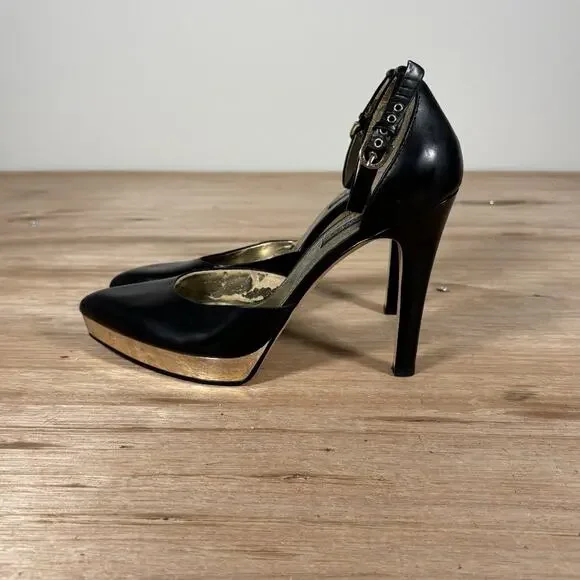 Nine West High-heeled Pumps Black W/ Metallic Gold Platform Pointed Closed Toe - Picture 3 of 9